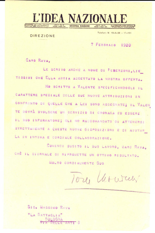 1920 ROMA L'IDEA NAZIONALE Lettera Tomaso MONICELLI a Massimo RAVA *Autografo 1920 ROMA L'IDEA NAZIONALE Lettera Tomaso MONICELLI a Massimo RAVA *Autografo